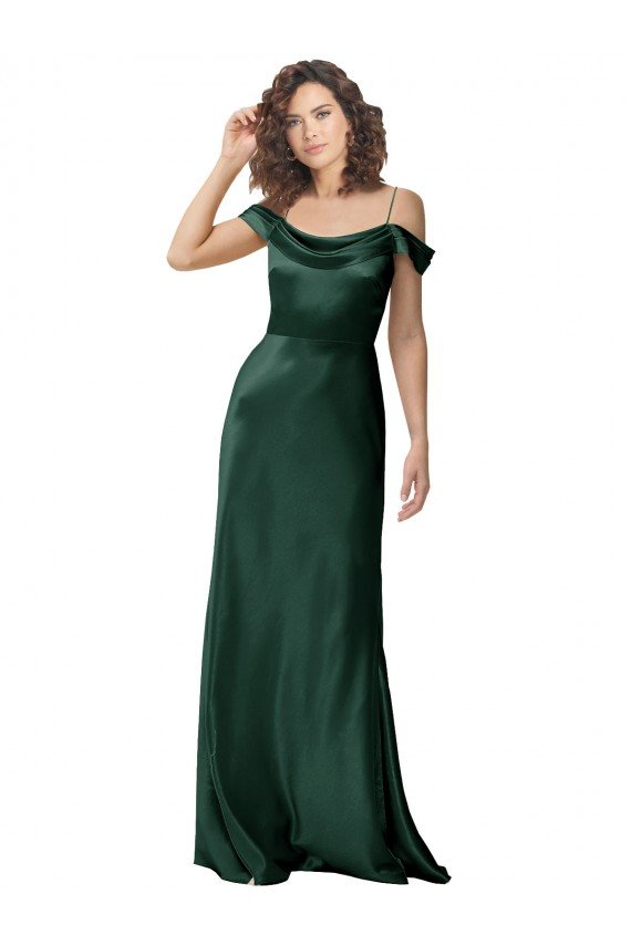 Cheapest Off the Shoulder Sleeves Long Formal Stretch Satin Bridesmaid Dress / Prom Dress with Pleated Draped Neckline UK