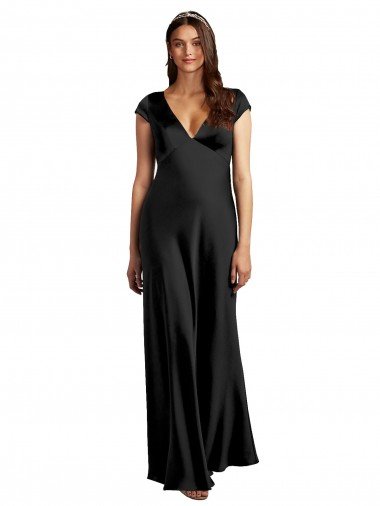 Cheapest Plunging V-Neck Cap Cleeves Long Formal Stretch Satin Bridesmaid Dress / Prom Dress with Keyhole Back UK