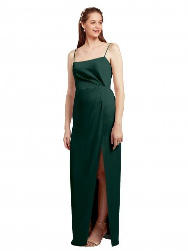 Cheapest Sleek Straight Neckline Long Wrap Formal Stretch Satin Bridesmaid Dress / Prom Dress with Angled Pleats UK