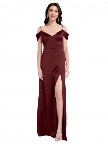 Cheapest Draped Off the Shoulder Sleeves Slim A-Line Formal Stretch Satin Bridesmaid Dress / Prom Dress with Side Slit UK