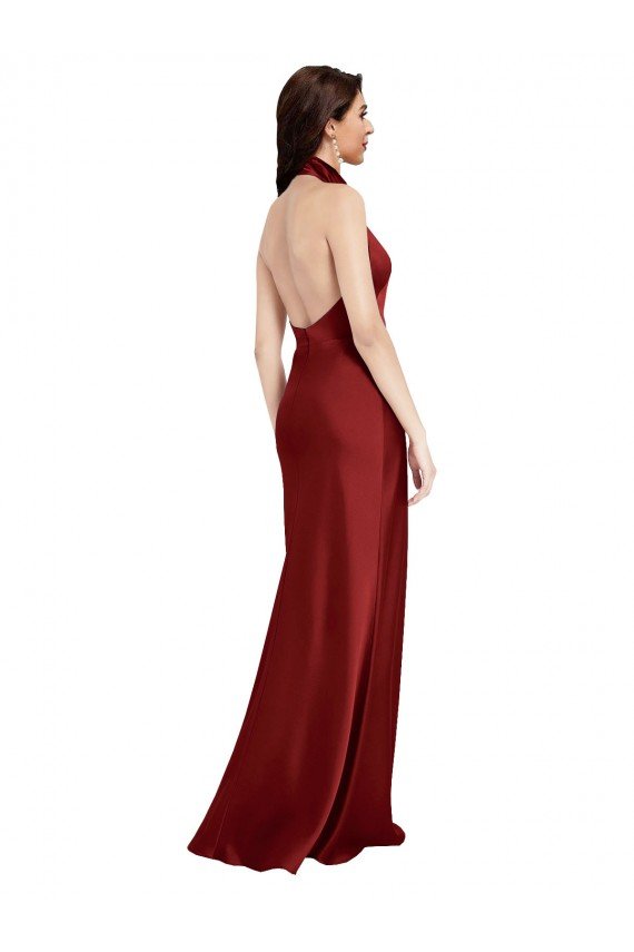 Cheapest Backless Halter Long Formal Stretch Satin Bridesmaid Dress / Prom Dress UK