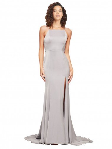 Cheapest High Neck Low Back Long Full Length Formal Stretch Satin Bridesmaid Dress / Prom Dress UK