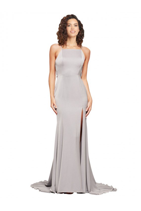 Cheapest High Neck Low Back Long Full Length Formal Stretch Satin Bridesmaid Dress / Prom Dress UK