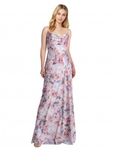 Cheapest Draped Cowl Neck Long Printed Formal Stretch Satin Bridesmaid Dress UK