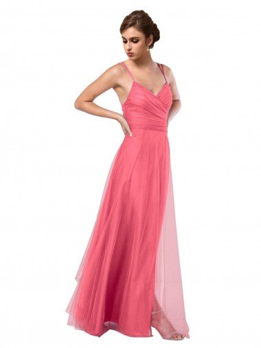 Cheapest Flowy A-Line Tulle Bridesmaid Dress with Double Straps and V-Neck UK