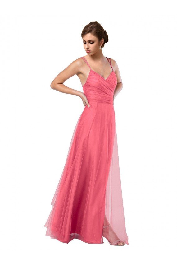 Cheapest Flowy A-Line Tulle Bridesmaid Dress with Double Straps and V-Neck UK