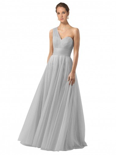 Cheapest Floor Length Tulle Bridesmaid Dress with Shirred One Shoulder Bodice UK