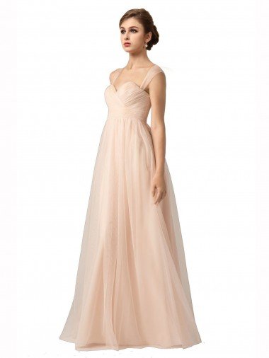 Cheapest Illusion Sleeves Tulle Bridesmaid Dress with Shirred Bodice and Sweetheart Neckline UK