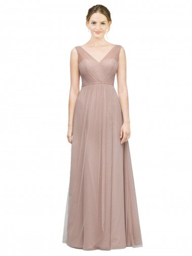 Cheapest Full Length Draped Long V-Neck Tulle Bridesmaid Dress UK