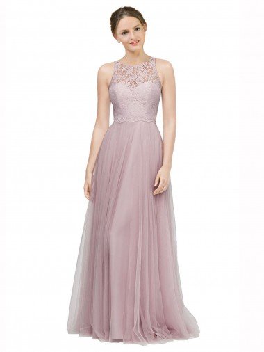 Cheapest High Neck Long Tulle Bridesmaid Dress with Lace Bodice UK