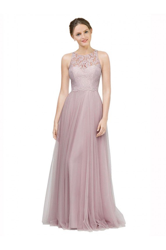 Cheapest High Neck Long Tulle Bridesmaid Dress with Lace Bodice UK