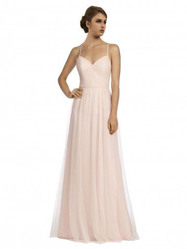 Cheapest Long Draped Back A-Line Tulle Bridesmaid Dress with Pleated Bodice UK