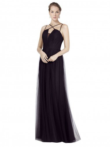 Cheapest High Neck Long A-Line Tulle Bridesmaid Dress UK