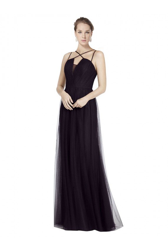 Cheapest High Neck Long A-Line Tulle Bridesmaid Dress UK