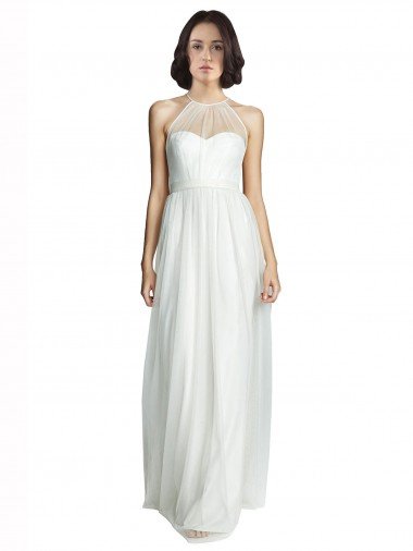 Cheapest High Neckline Long Tulle Bridesmaid Dress with Illusion Front UK