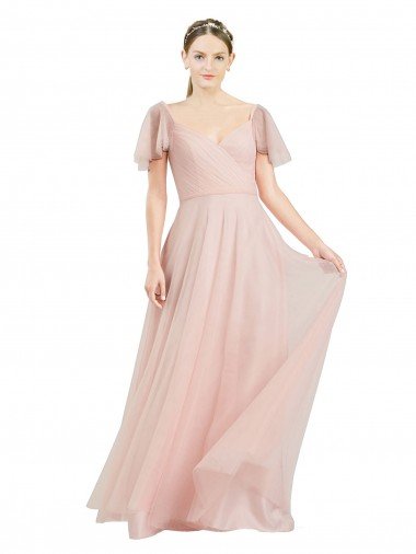 Cheapest Long V-Neck Flutter Sleeves Tulle Bridesmaid Dress UK