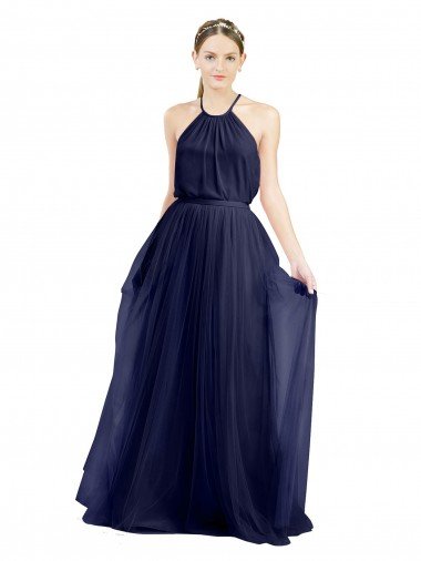 Cheapest Long A-Line High Neck Halter Tulle Bridesmaid Dress UK