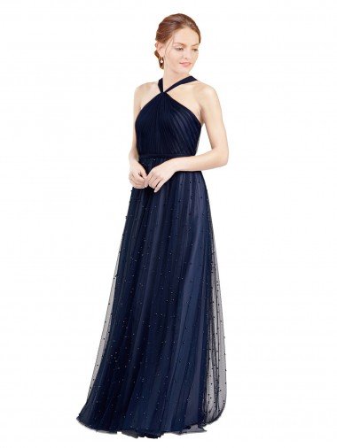 Cheapest Floor Length Long Halter Pleated Tulle Bridesmaid Dress UK