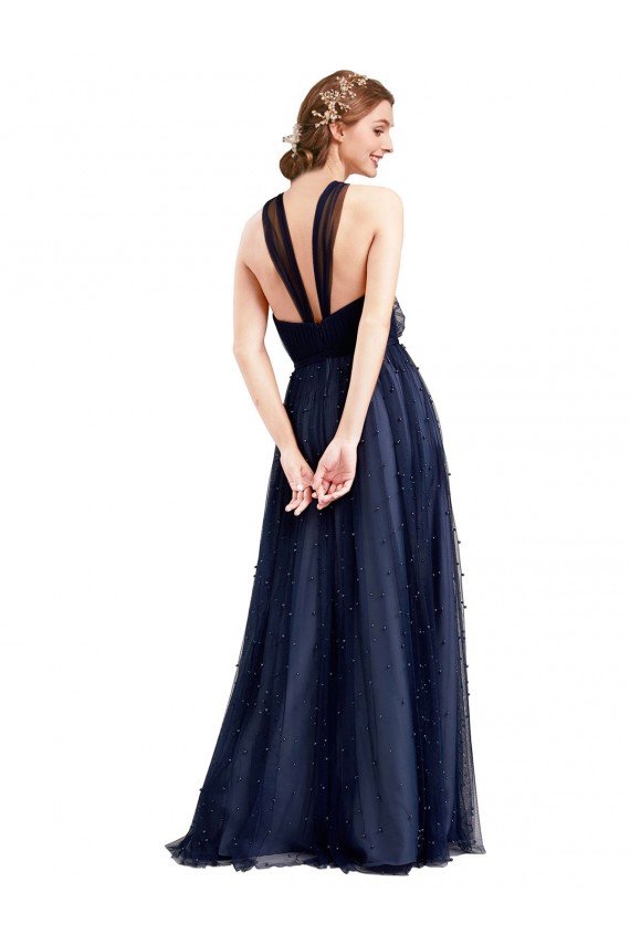 Cheapest Floor Length Long Halter Pleated Tulle Bridesmaid Dress UK