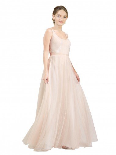 Cheapest Scooped Neckline Long Tulle Bridesmaid Dress with Open Back UK