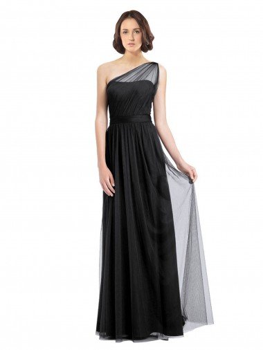 Cheapest Ruched Long Soft Tulle Bridesmaid Dress with Sheer Netting Shoulder Strap UK