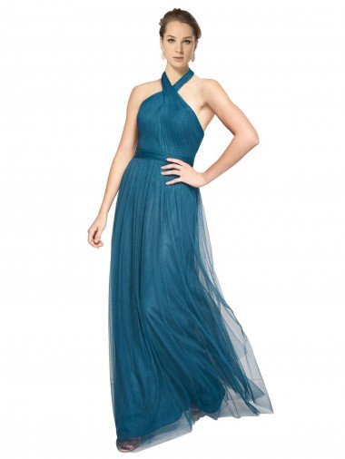 Cheapest High Neck Halter Pleated A-Line Tulle Bridesmaid Dress UK