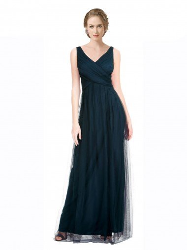 Cheapest Full Length Long Tulle Bridesmaid Dress with V-Neck Criss-Cross Ruched Top UK