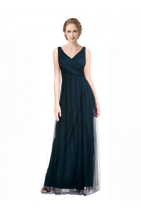 Cheapest Full Length Long Tulle Bridesmaid Dress with V-Neck Criss-Cross Ruched Top UK