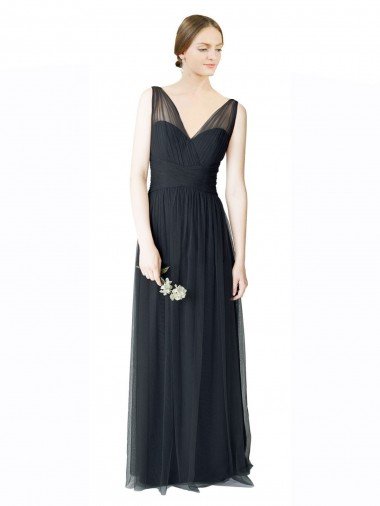 Cheapest Long Tulle Bridesmaid Dress with Illusion Shoulder Straps and V-Back UK