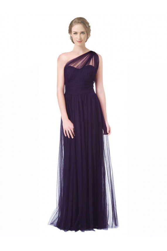 Cheapest One Shoulder Long Tulle Bridesmaid Gown with Sheer Netting Strap UK