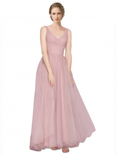 Cheapest Long Floor Length Wide Strap Plunge Cross Over Neckline Tulle Bridesmaid Dress UK