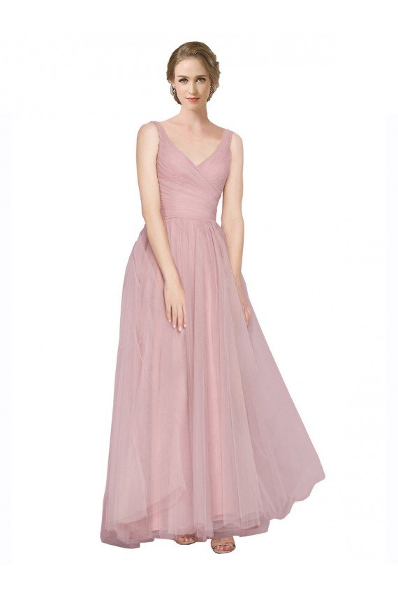 Cheapest Long Floor Length Wide Strap Plunge Cross Over Neckline Tulle Bridesmaid Dress UK
