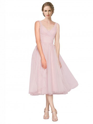 Cheapest Short Tea Length Wide Strap Plunge Cross Over Neckline Tulle Cocktail Bridesmaid Dress UK