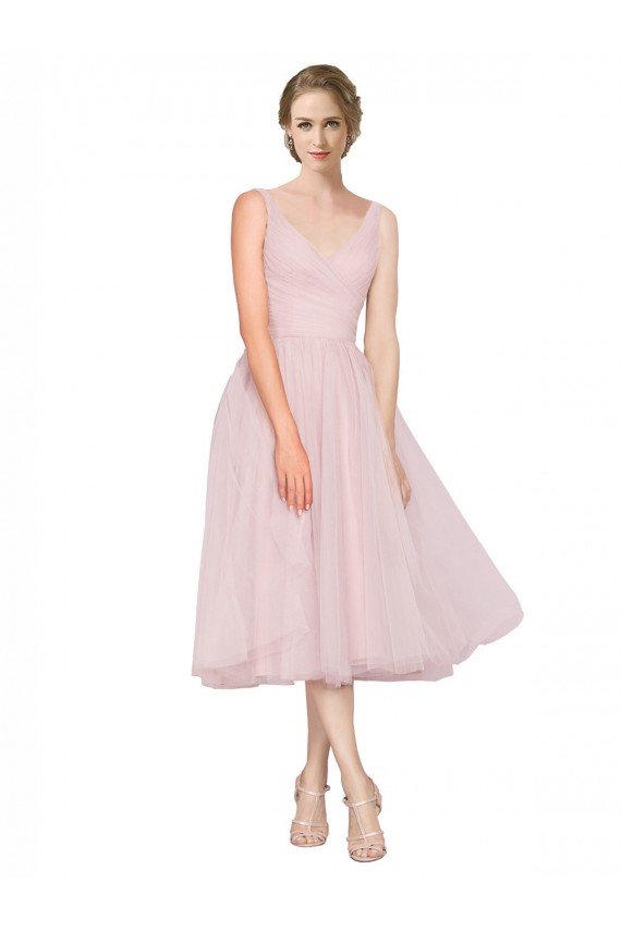 Cheapest Short Tea Length Wide Strap Plunge Cross Over Neckline Tulle Cocktail Bridesmaid Dress UK