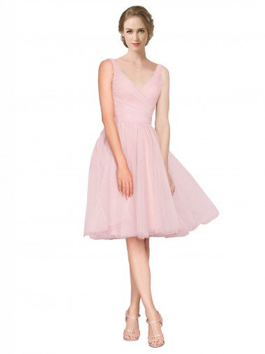 Cheapest Short Knee Length Wide Strap Plunge Cross Over Neckline Tulle Cocktail Bridesmaid Dress UK