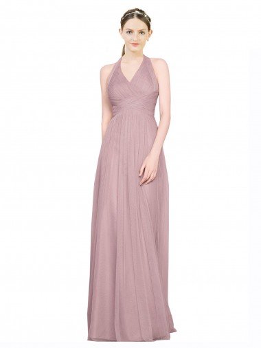 Cheapest Ruffled Halter V-Neck Long Tulle Bridesmaid Dress with Pleats UK