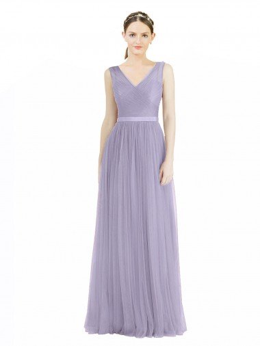 Cheapest Wide Straps V-Neck Long Tulle Bridesmaids with Belt UK