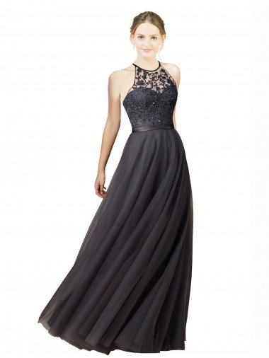 Cheapest Sweetheart Neckline Long Sleeveless Tulle Bridesmaid Dress with Lace Bodice UK