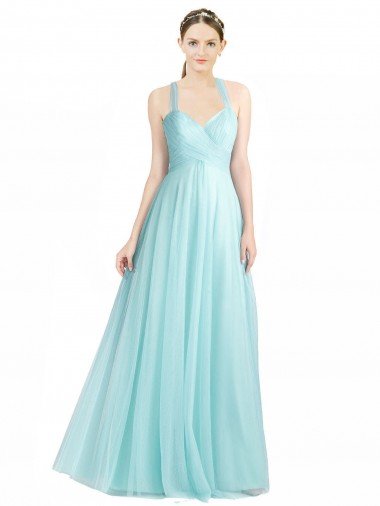 Cheapest Ruched Sweetheart Neckline A-Line Tulle Bridesmaid Dress with Tie Open Back UK