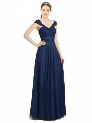 Cheapest Ruched Sweetheart Long A-Line Tulle Bridesmaid Dress with Wide Straps and Tie Back UK