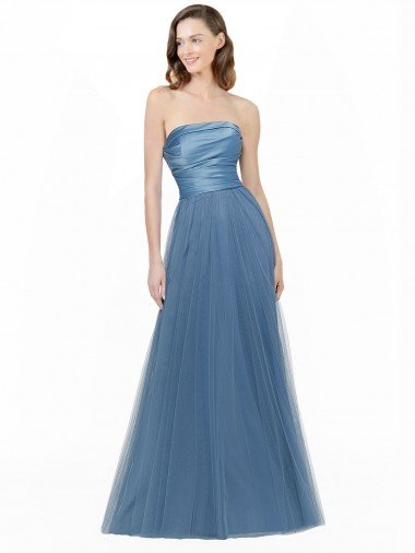 Cheapest Long Strapless Bridesmaid Dress with Soft Tulle Overlay UK