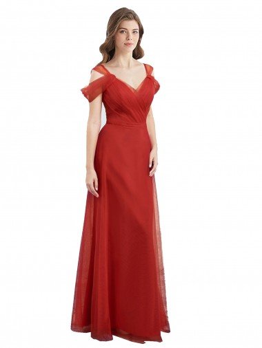 Cheapest Cold Shoulder Pleated Wrap Tulle Bridesmaid Dress with Low V-Back UK