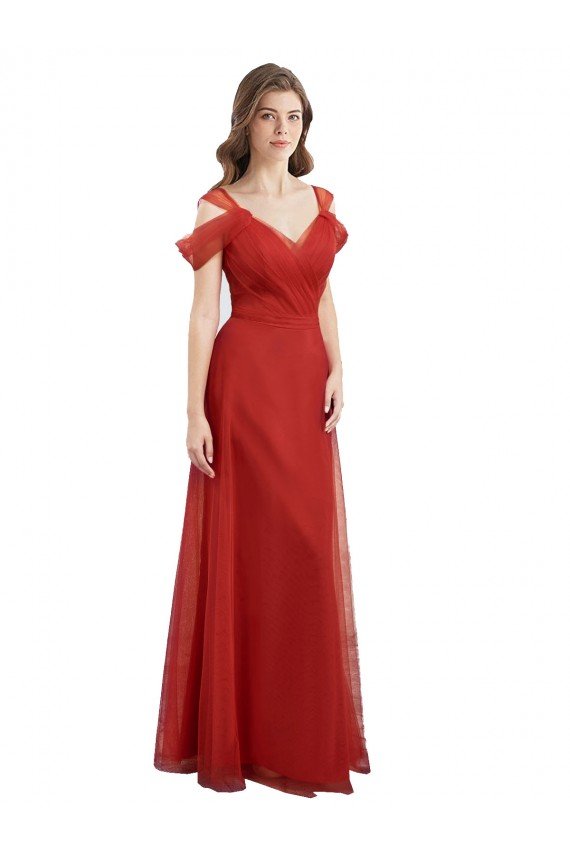 Cheapest Cold Shoulder Pleated Wrap Tulle Bridesmaid Dress with Low V-Back UK