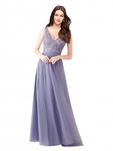 Cheapest Sweetheart Tulle Bridesmaid Dress with Fully Embroidered V-Neck Bodice UK