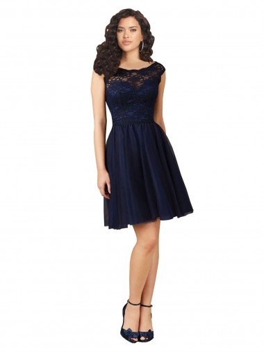 Cheapest Short Bateau Neck Tulle Cocktail Bridesmaid Dress with Lace Bodice UK