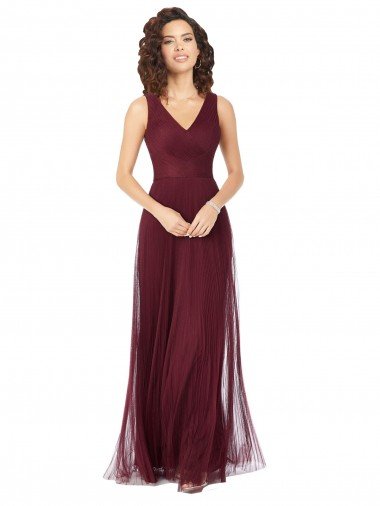 Cheapest Long A-Line V-Neck Tulle Bridesmaid Dress UK