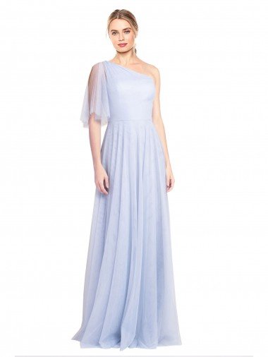 Cheapest Flutter Sleeves One Shoulder Long Tulle Bridesmaid Dress UK