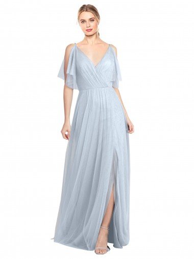 Cheapest Floor Length Flutter Sleeves Long Tulle Bridesmaid Dress with Side Slit UK