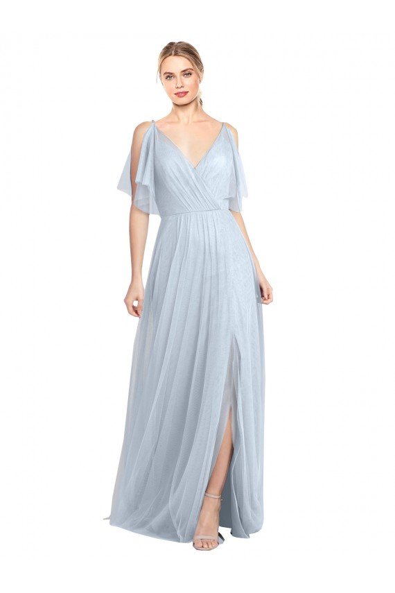 Cheapest Floor Length Flutter Sleeves Long Tulle Bridesmaid Dress with Side Slit UK