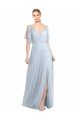 Cheapest Floor Length Flutter Sleeves Long Tulle Bridesmaid Dress with Side Slit UK